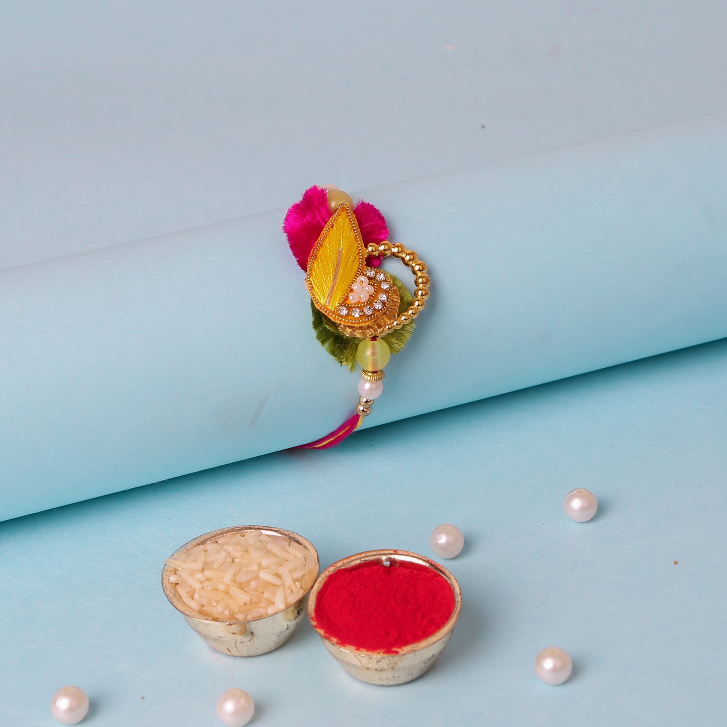 YELLOW-PINK ZARI RAKHI- Send to INDIA (FREE SHIPPING)