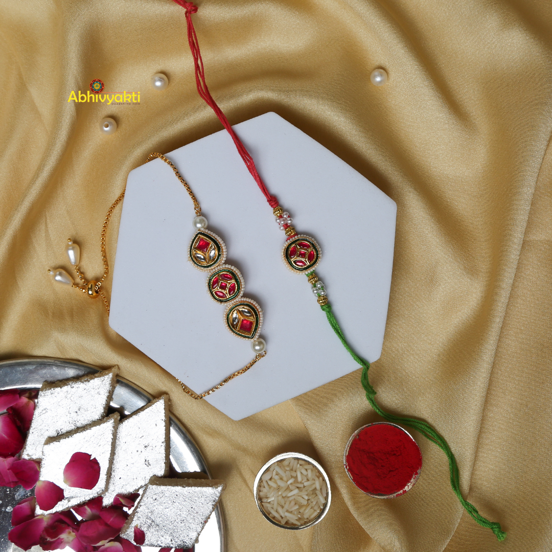 Rakhi and lumba embellished with gold and green beads, displaying a special design with stones and beads.