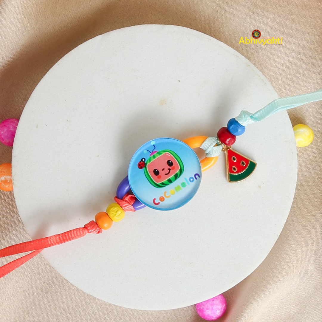 A charming rakhi bracelet for children, showcasing a bright and colorful watermelon