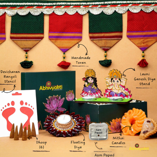 A festive Diwali hamper filled with an assortment of decorative items and treats. The hamper includes colorful floating diya, a box of mithai sweet candle, fragrant incense sticks, a small decorative toran, and festive Ganesh Lakshmi tealight alongwith tangy juicy mango roll up . The items are beautifully arranged in a festive box with vibrant, rich colors and intricate detailing, evoking the spirit of Diwali celebrations. The hamper is a perfect gift for the festive vibe