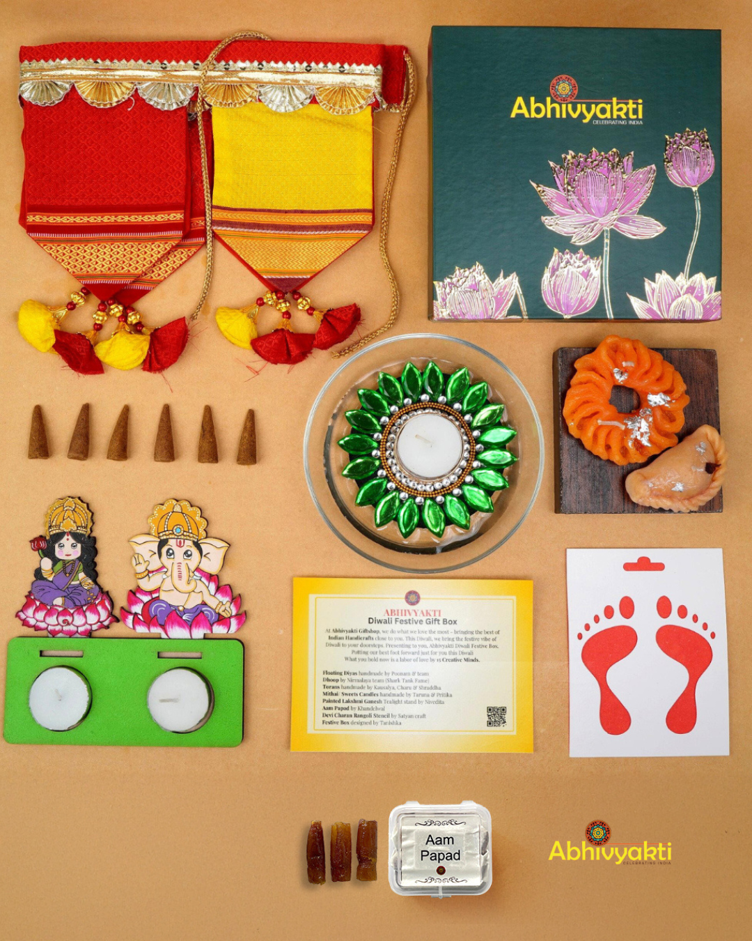 A festive Diwali hamper filled with an assortment of decorative items and treats. The hamper includes colorful floating diya, a box of mithai sweet candle, fragrant incense sticks, a small decorative toran, and festive Ganesh Lakshmi tealight alongwith tangy juicy mango roll up . The items are beautifully arranged in a festive box with vibrant, rich colors and intricate detailing, evoking the spirit of Diwali celebrations. The hamper is a perfect gift for the festive vibe