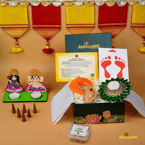 A festive Diwali hamper filled with an assortment of decorative items and treats. The hamper includes colorful floating diya, a box of mithai sweet candle, fragrant incense sticks, a small decorative toran, and festive Ganesh Lakshmi tealight alongwith tangy juicy mango roll up . The items are beautifully arranged in a festive box with vibrant, rich colors and intricate detailing, evoking the spirit of Diwali celebrations. The hamper is a perfect gift for the festive vibe
