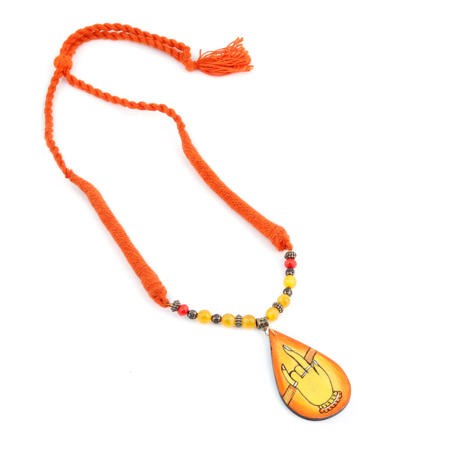 Beautiful necklace mural hand painted by Indian artists. The necklace pendant is shaped like a teardrop and a beautiful Krishna flute