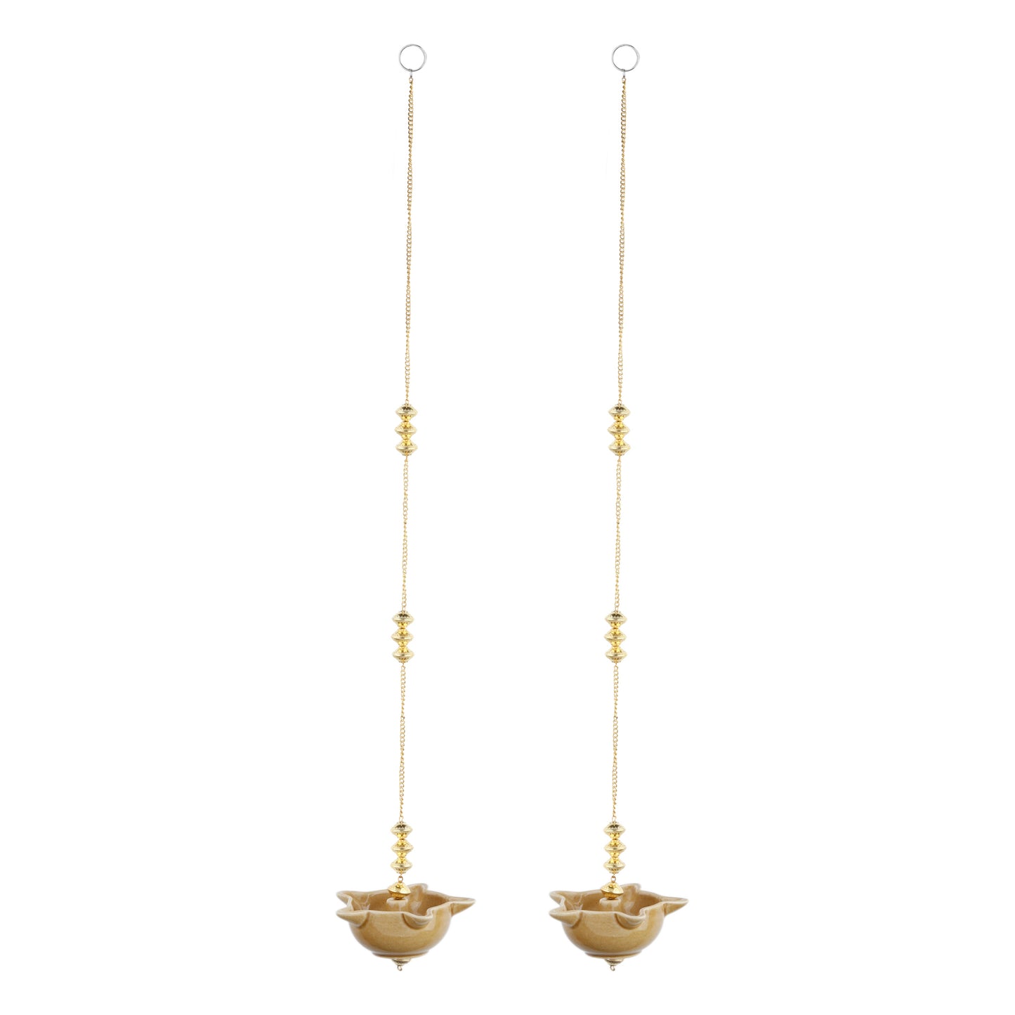 "Elegant wall-mounted Diwali diyas with intricate metal holders, designed to hang on the wall for a unique and stylish look. The diyas cast a soft, flickering light, creating a serene and festive ambiance for Diwali celebrations."