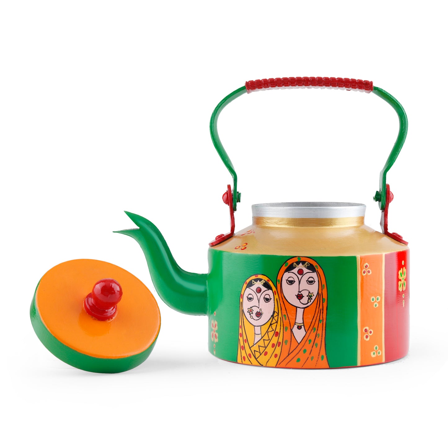 "A vibrant, handpainted kettle with quirky designs and bold colors, featuring intricate Indian folk art. The kettle is adorned with playful motifs and patterns, perfect as a decorative statement piece for a creative and culturally inspired home."