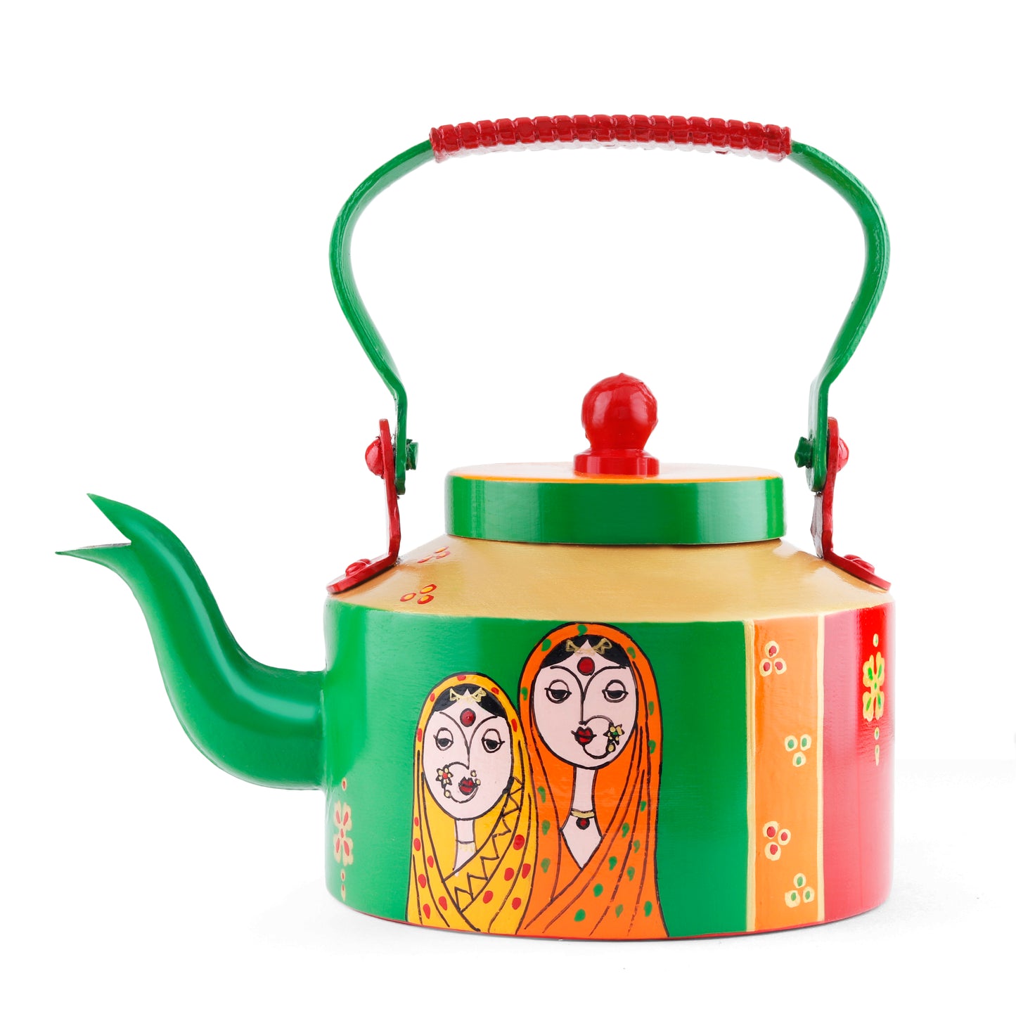 "A vibrant, handpainted kettle with quirky designs and bold colors, featuring intricate Indian folk art. The kettle is adorned with playful motifs and patterns, perfect as a decorative statement piece for a creative and culturally inspired home."