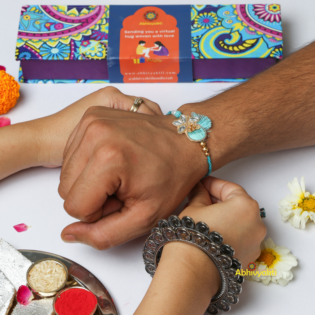 Sky Blue Regal Kundan Zari Rakhi - Send to INDIA (FREE SHIPPING)