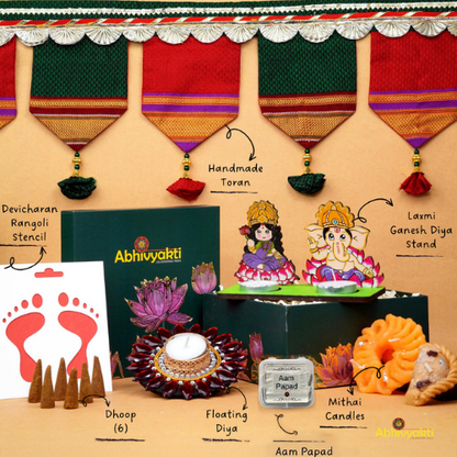 A festive Diwali hamper filled with an assortment of decorative items and treats. The hamper includes colorful floating diya, a box of mithai sweet candle, fragrant incense sticks, a small decorative toran, and festive Ganesh Lakshmi tealight alongwith tangy juicy mango roll up . The items are beautifully arranged in a festive box with vibrant, rich colors and intricate detailing, evoking the spirit of Diwali celebrations. The hamper is a perfect gift for the festive vibe