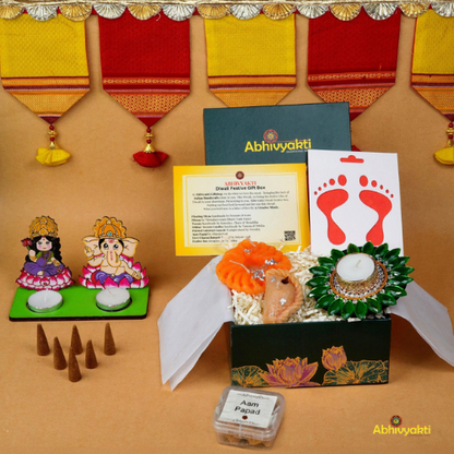 A festive Diwali hamper filled with an assortment of decorative items and treats. The hamper includes colorful floating diya, a box of mithai sweet candle, fragrant incense sticks, a small decorative toran, and festive Ganesh Lakshmi tealight alongwith tangy juicy mango roll up . The items are beautifully arranged in a festive box with vibrant, rich colors and intricate detailing, evoking the spirit of Diwali celebrations. The hamper is a perfect gift for the festive vibe