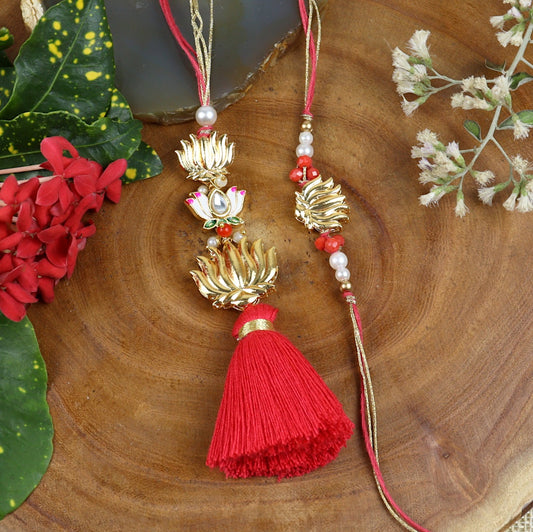 Red & Gold Lotus Rakhi-Lumba Set