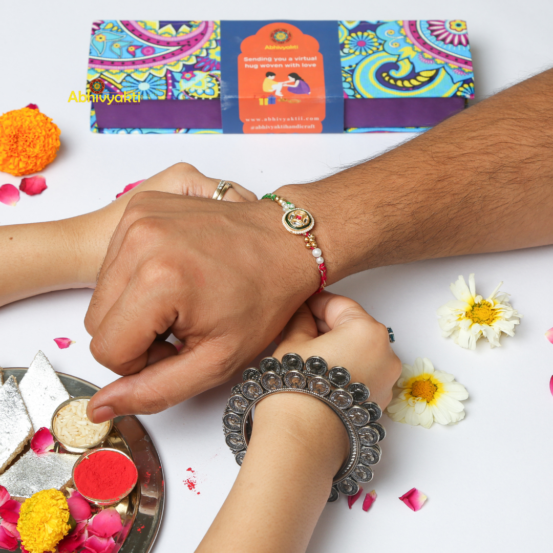 Gold Toned & Beaded Exquisite Premium Rakhi INDIA
