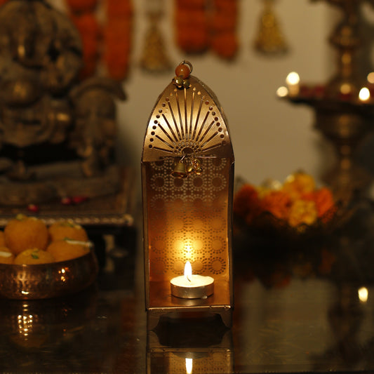 Close-up of a decorative Traditional Mandir Tealight Holder Table Top with floral elements and a blurred background
