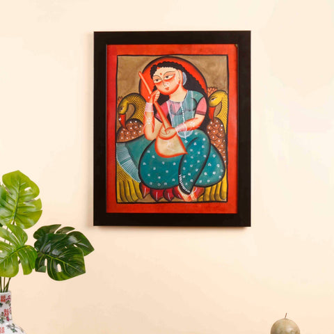 Celebrating Indian Goddess-Kalighat Painting - Maa Saraswati (FREE SHIPPING)