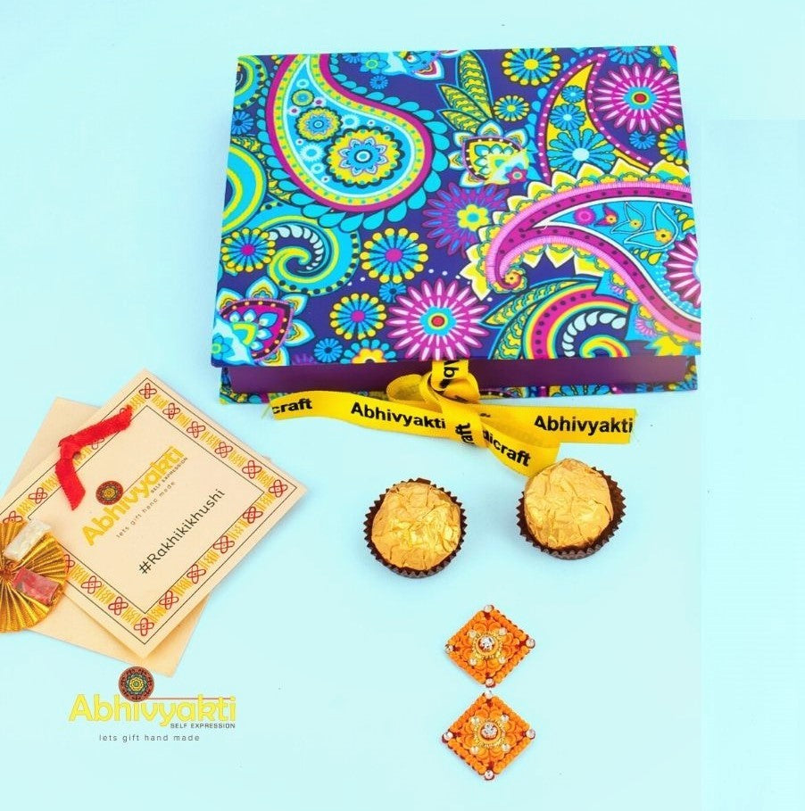Yellow red, kundan Paisaley design bhaiya and bhabhi rakhi hamperbox