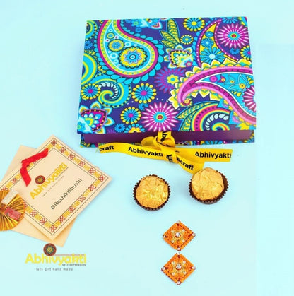 Yellow red, kundan Paisaley design bhaiya and bhabhi rakhi hamperbox