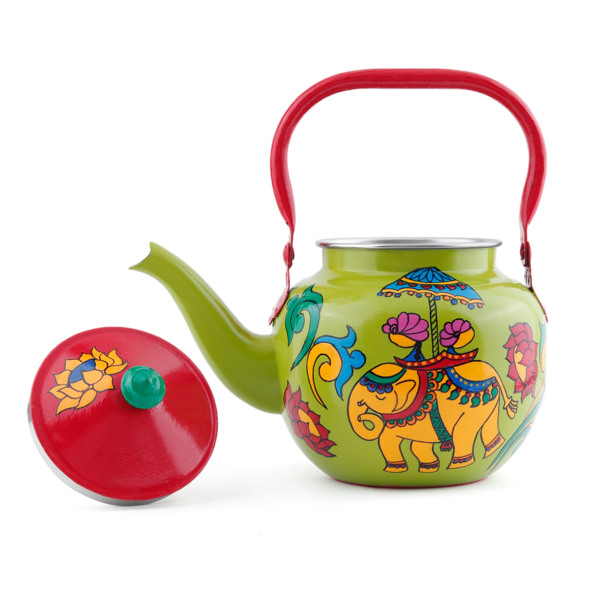 "A vibrant, handpainted kettle with quirky designs and bold colors, featuring intricate Indian folk art. The kettle is adorned with playful motifs and patterns, perfect as a decorative statement piece for a creative and culturally inspired home."