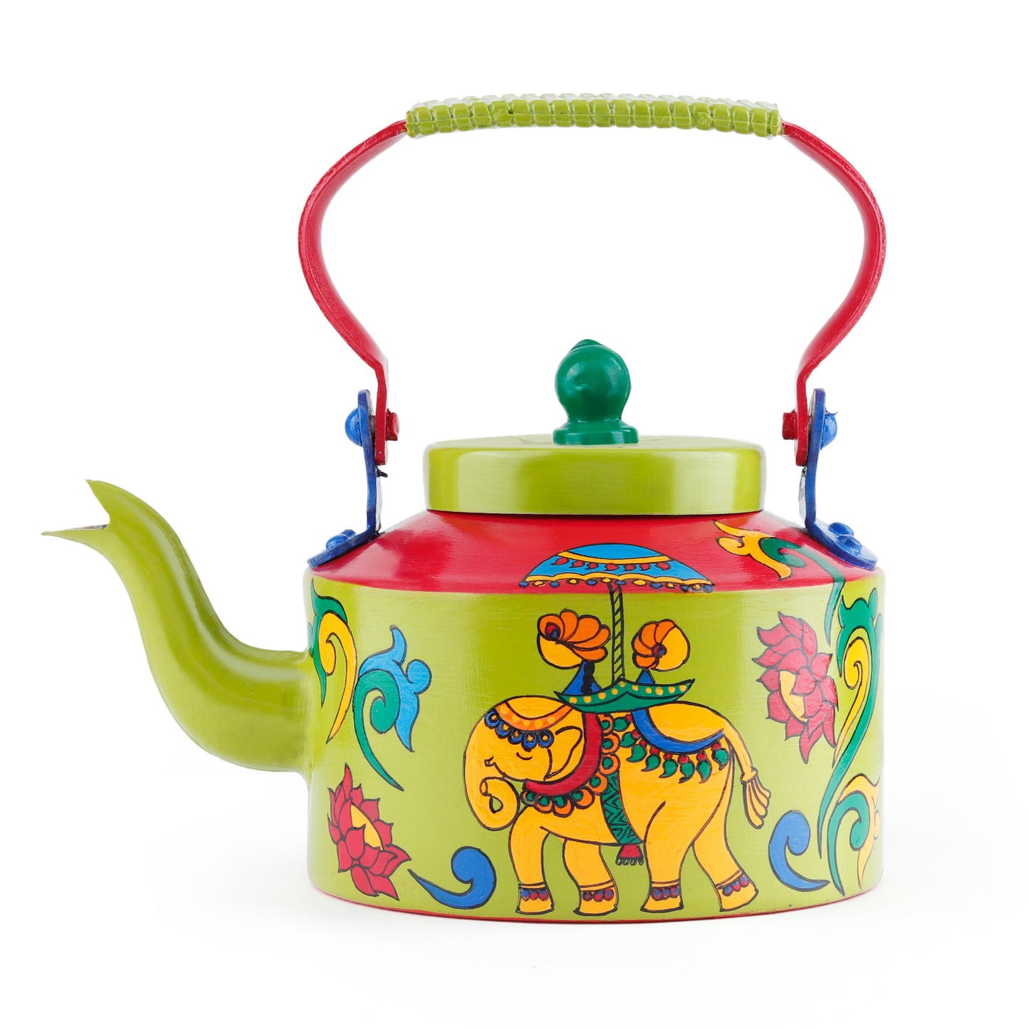 "A vibrant, handpainted kettle with quirky designs and bold colors, featuring intricate Indian folk art. The kettle is adorned with playful motifs and patterns, perfect as a decorative statement piece for a creative and culturally inspired home."