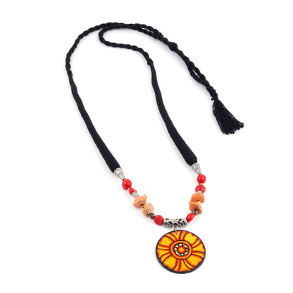 This beautiful Adjustable Necklace with Wooden Pendant is hand painted and an exquisite Indian Jewellery inspired by Kerala Mural Art designed on crafted wood. It is surely an elegant wear for any occasion. A perfect head turner and a conversation starter..