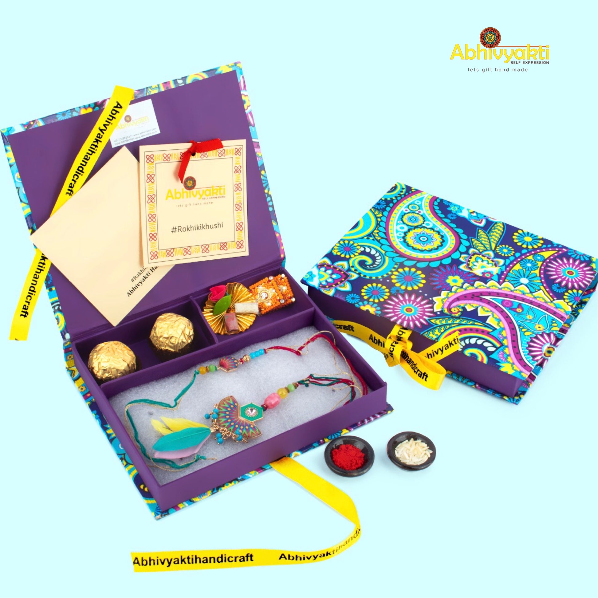 Fancy Rakhi Lumba with Roli chawal tikka and hamper box, saun and chocolates