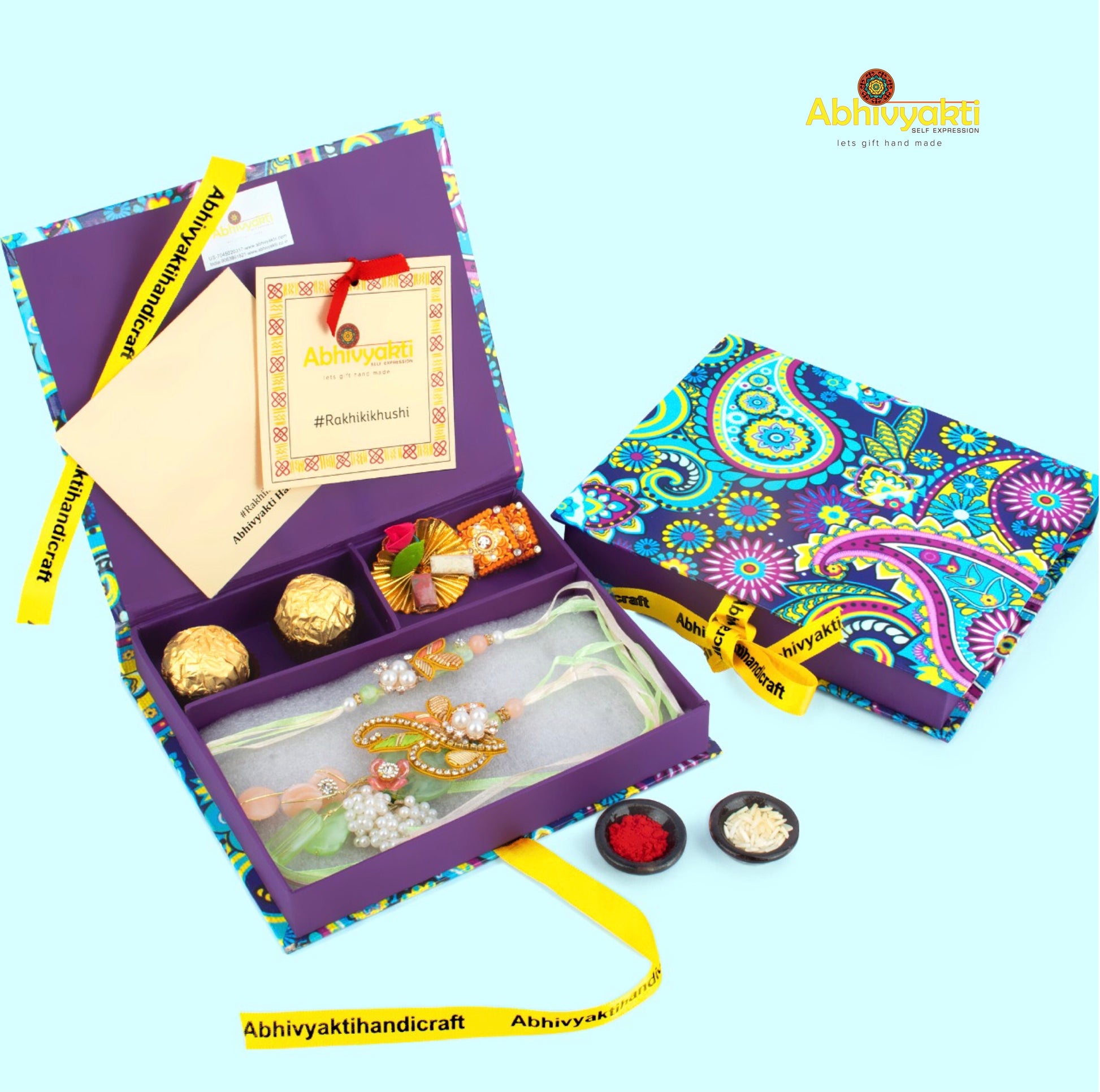 Stone And beads Rakhi lumba india with roli chawal, chocolates and hamper box