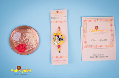 mickey mouse star rakhi with yellow and red ribbon 