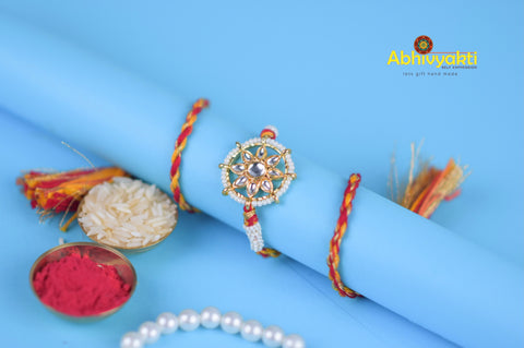 Stone Rakhi India With Long Thread And Roli Chawal Tikka