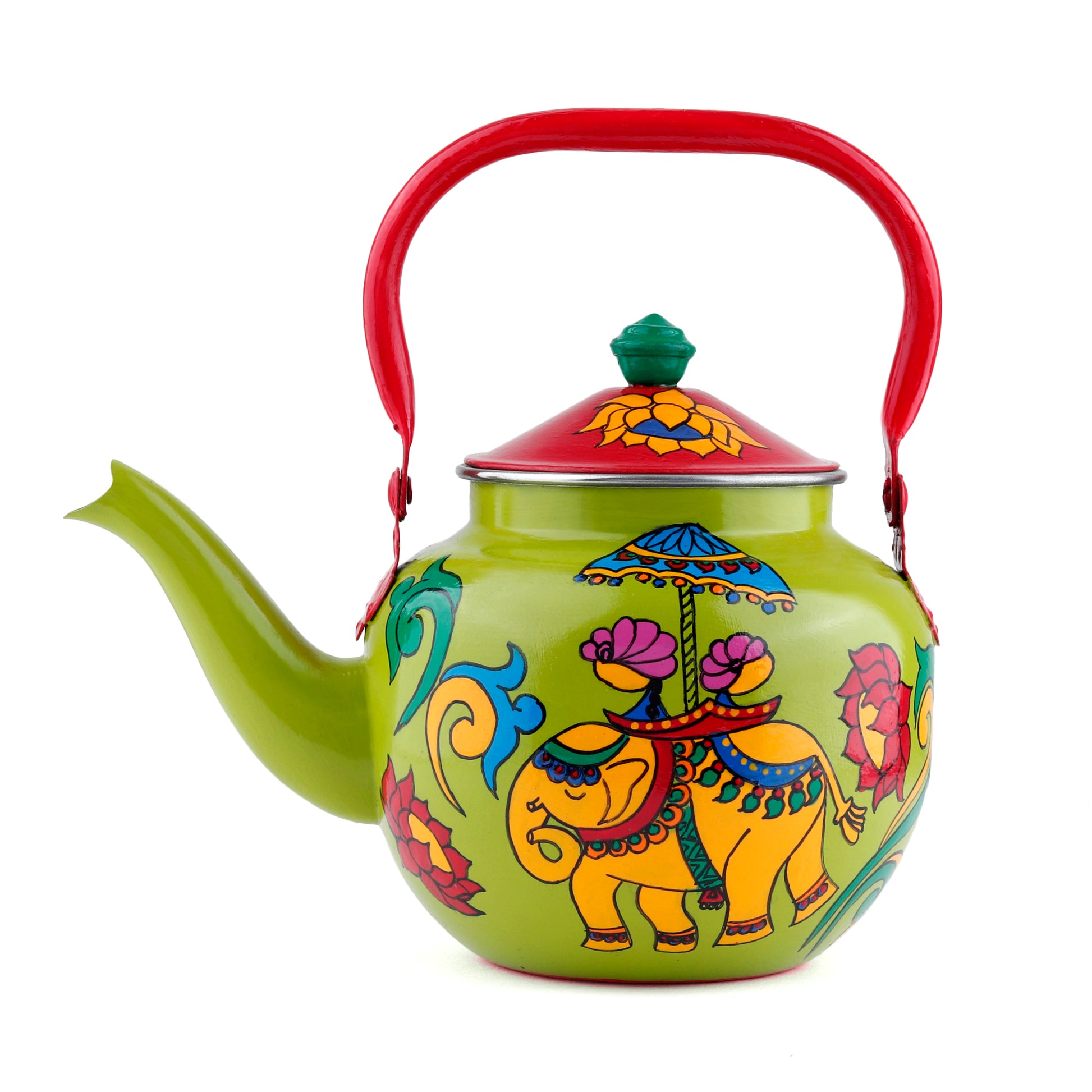 "A vibrant, handpainted kettle with quirky designs and bold colors, featuring intricate Indian folk art. The kettle is adorned with playful motifs and patterns, perfect as a decorative statement piece for a creative and culturally inspired home."