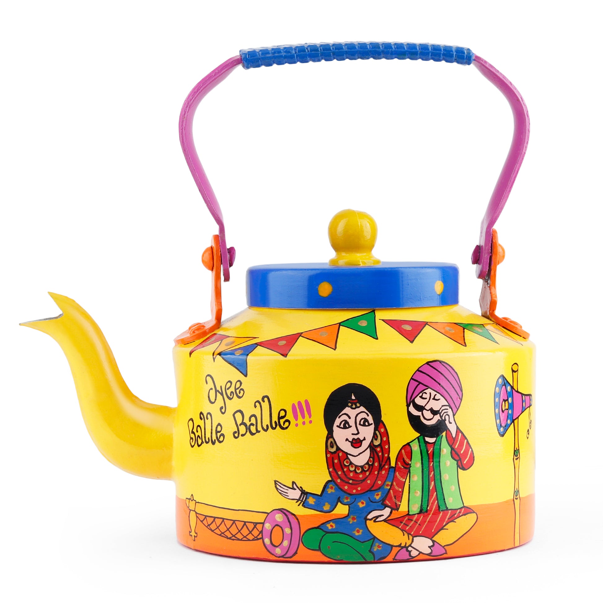 "A vibrant, handpainted kettle with quirky designs and bold colors, featuring intricate Indian folk art. The kettle is adorned with playful motifs and patterns, perfect as a decorative statement piece for a creative and culturally inspired home."