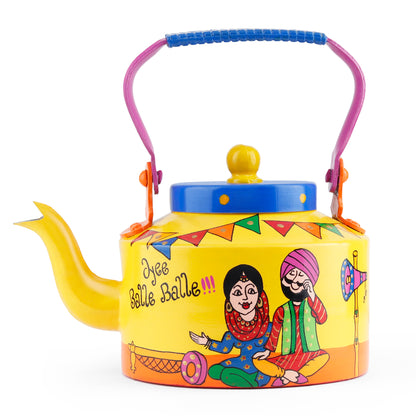 "A vibrant, handpainted kettle with quirky designs and bold colors, featuring intricate Indian folk art. The kettle is adorned with playful motifs and patterns, perfect as a decorative statement piece for a creative and culturally inspired home."