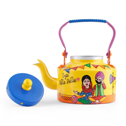 "A vibrant, handpainted kettle with quirky designs and bold colors, featuring intricate Indian folk art. The kettle is adorned with playful motifs and patterns, perfect as a decorative statement piece for a creative and culturally inspired home."