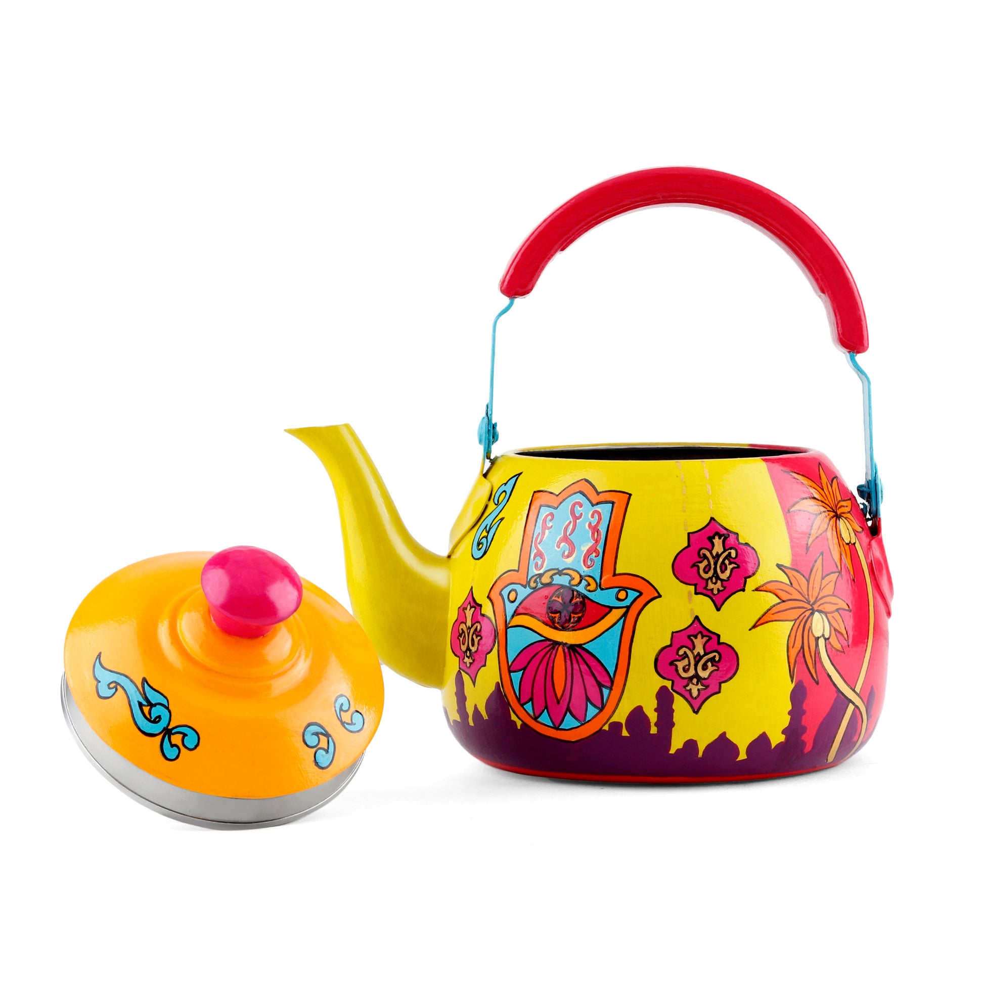 "A vibrant, handpainted kettle with quirky designs and bold colors, featuring intricate Indian folk art. The kettle is adorned with playful motifs and patterns, perfect as a decorative statement piece for a creative and culturally inspired home."